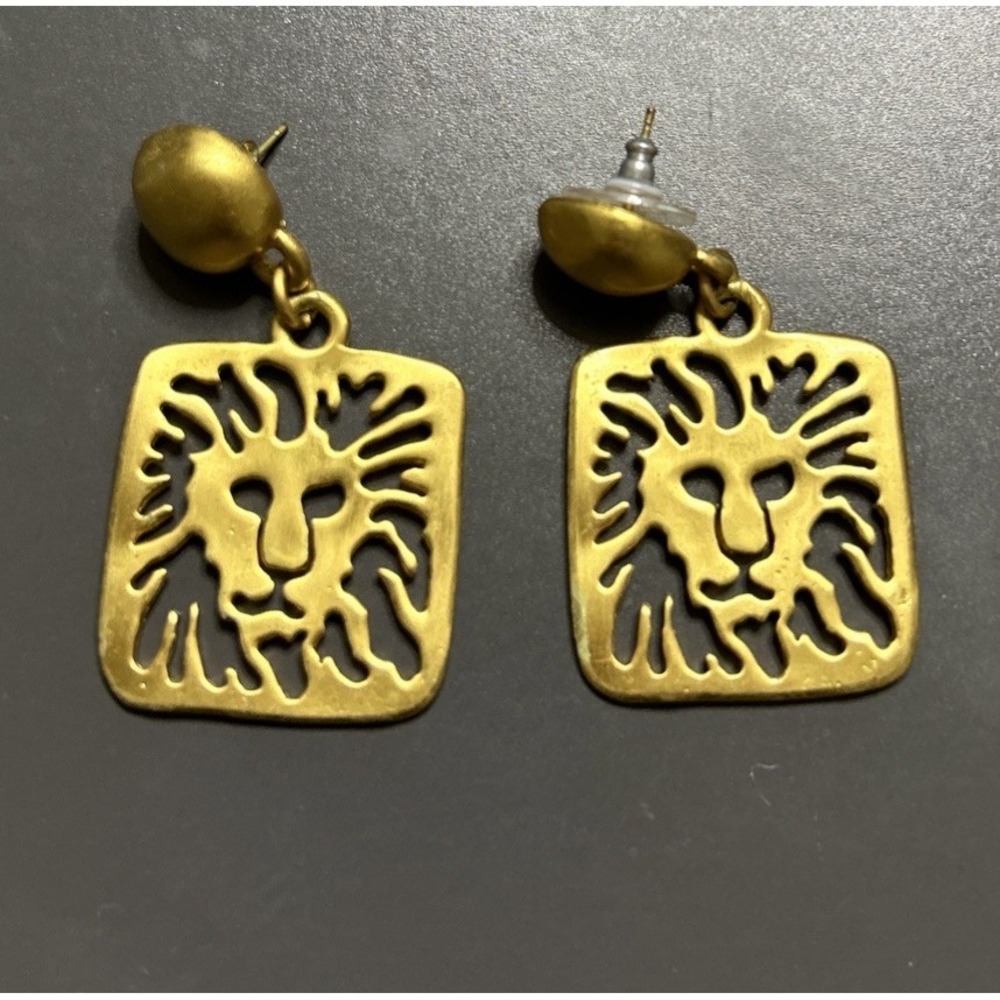 Vintage Anne Klein Lion Head Logo Earrings  Gold Toned Square Drop Down 80's